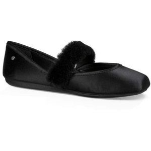 UGG Lena Fluff Flat In Black Satin Size 10 ballet flat mary jane fur